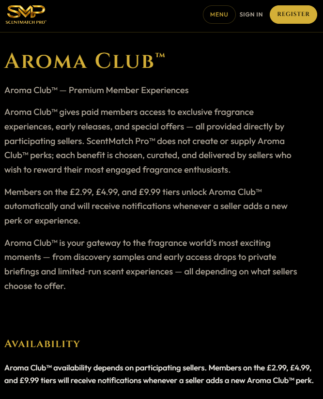 Aroma Club™ screen showing Premium Member Experiences